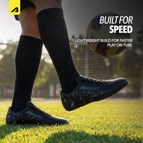 Image of Boldfit Football Shoes for Man, Lightweight Turf & Ground Football Studs with Non-Marking High-Grip Sole, Breathable Mesh Upper, Cushioned Support & Anti-Slip Training Cleats Black