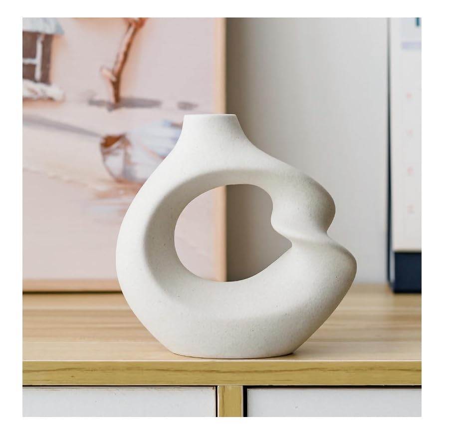 Image of SPHINX Ceramic Vase - Modern Hollow Design | Minimalist Nordic Flower Vase Pot for Pampas Grass, Dried Flowers, Living Room, Dining Table, Office & Home Decor- (Curved 14.8 cm)