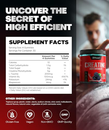 Image of 99.99% Creatine Monohydrate Gummies More 15% Strength, 5X Energy, Muscle, Recovery, Pre-Workout Complex Creatine for Women & Men with 5000mg Creatine, L-Taurine, B12, Mg & K, 0 Sugar