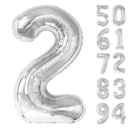 Silver 2 Balloon, Number Balloonss 40 Inch, 2nd Balloon Number Birthday Decorations, Two Second Birthday Party Supplies, Number 2 Balloon
