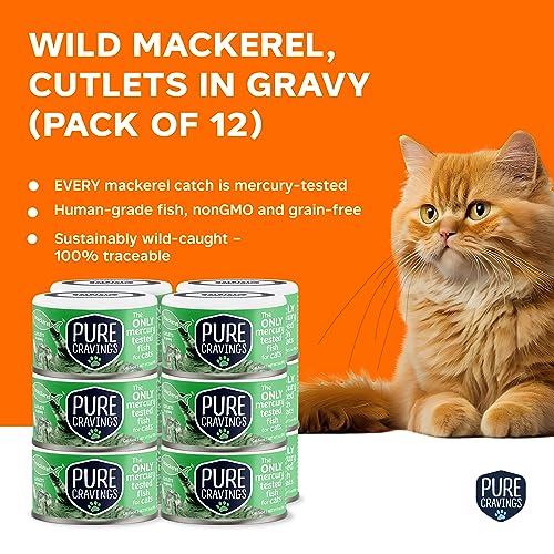 Image of Pure Cravings Wet Cat Food Canned Mackerel Cutlets in Gravy, Every Catch is Mercury Tested, Moist Can Fish for Cats, Grain-Free, Protein, Non-GMO, Pack of 12