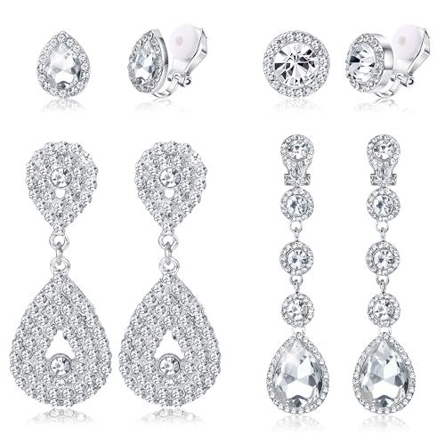 Jstyle 4 Pairs Silver Clip on Earrings for Women Elegant Rhinestone Clip on Earrings Dangle Drop for Brides Bridesmaids Non Pierced Earrings Set