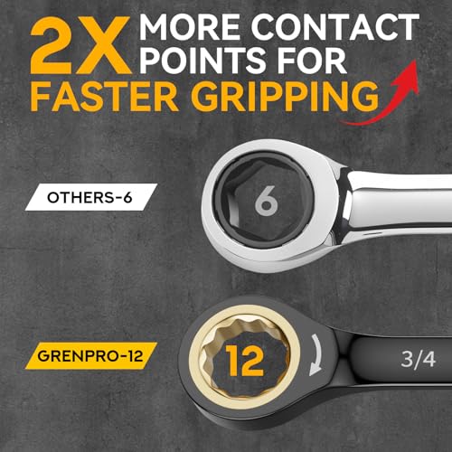 Image of GRENPRO Ratchet Wrenches Set, Ratcheting Wrench Set, 9PC Sae 5 /16 to 3 /4 72Th Long Box Open End Ratchet Wrench Organizer With Color Ring With Roll Up Pouch With Gauge, Big Combination Wrench Tool Sets