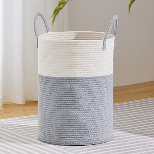 Image of VIPOSCO Large Laundry Hamper, Tall Woven Rope Storage Basket for Blanket, Toys, Dirty Clothes in Living Room, Bathroom, Bedroom - 72L Grey & White