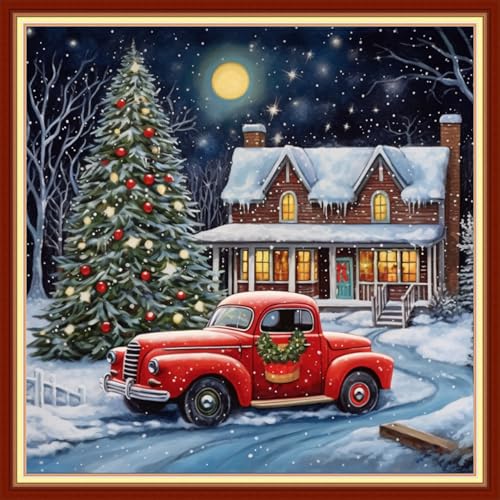 Image of Findvoor Stamped Cross Stitch Kits for Beginner Embroidery Kits for Beginners Adults DIY 11CT Cross Stitch Patterns Needlepoint Kits Crossstitching Kits-Christmas Tree Scene 18x18 inch
