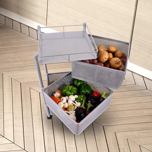Image of KITCHIVO Kitchen Storage Rack | Revolving Vegetable Rack | Square Multipurpose Storage Trolley with Wheels | Metal Fruit Rack (Silver, 3 Layer)