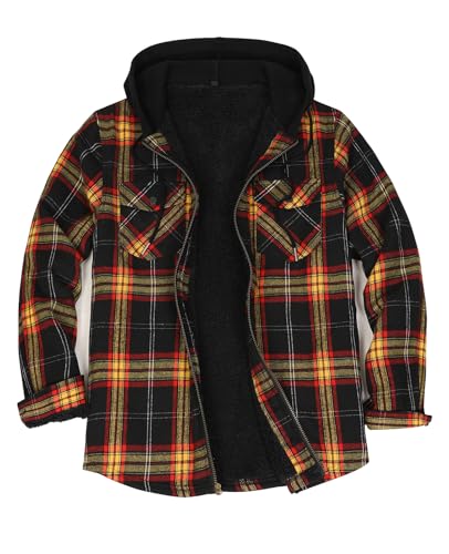 Image of ZENTHACE Men's Sherpa Lined Full Zip Hooded Plaid Shirt Jacket