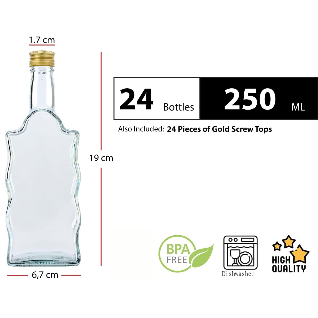 24 puste małe butelki szklane Wart z zakrętką Golden 250 ml do samodzielnego napełniania, jako butelki na sok, syrop, butelki na likier, 0,25 l z zamknięciem (24 x 250 ml)
