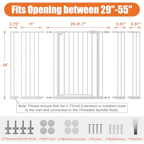 Image of keny 36 inch Extra Tall Baby Gate for Stairs, 29 inch-55 inch Wide Auto Close Dog Gate | for Doorways, Pressure Mounted Easy Walk Through Pet Gate with Door, White