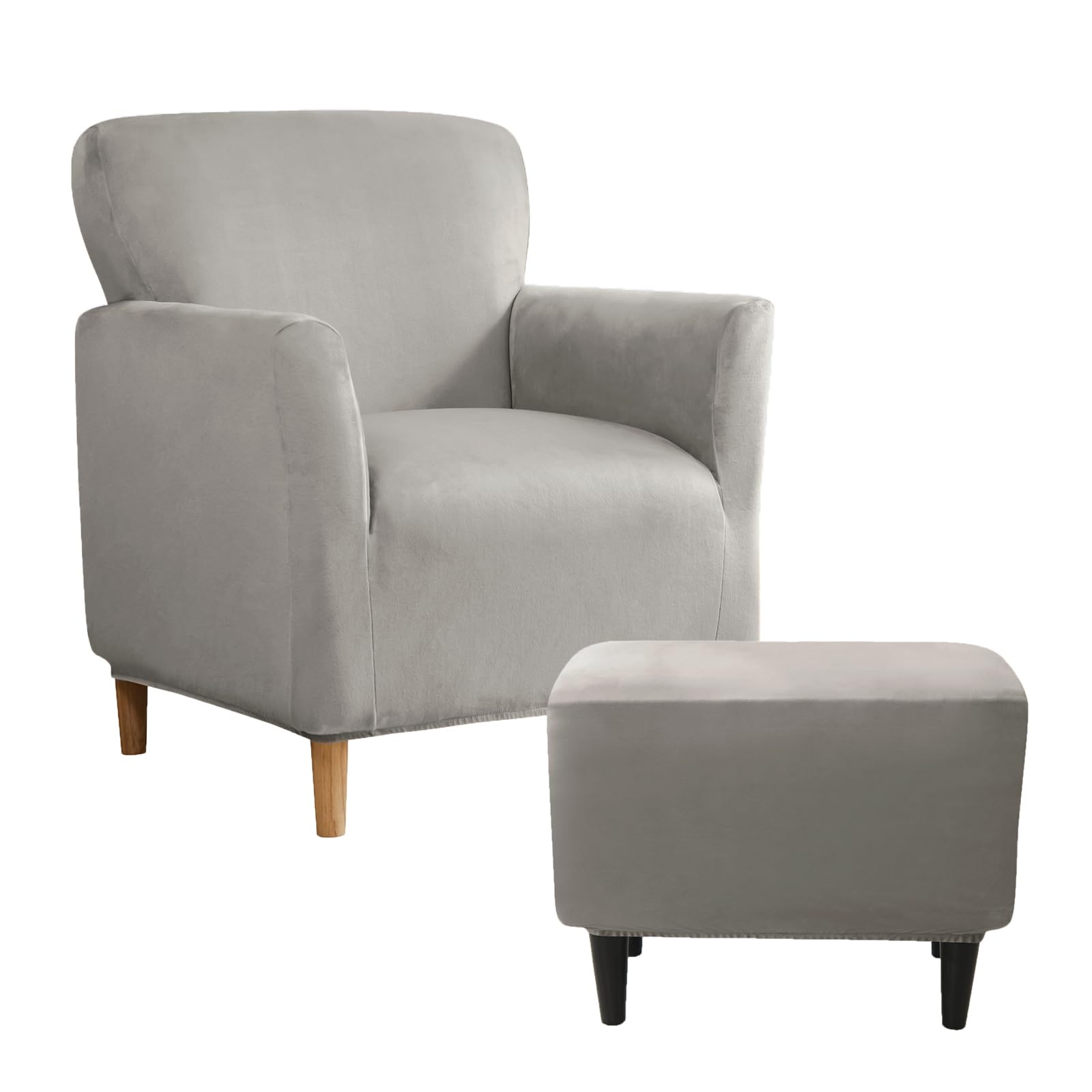 SYLC Stretch Velvet Armchair Sofa Covers with Ottoman Cover Rectangle/Square, Banquet Tub Chair Covers Footstool Slipcover Furniture Protector (Light grey,Chair+Ottoman Rectangle)
