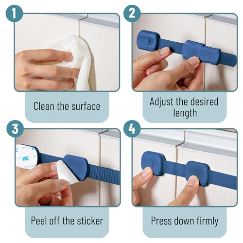Image of Bate- Child Safety Strap Locks, 6 Pack, Dark Blue, Baby Locks for Cabinets, Drawers, Kitchen, Toilet, Furniture, Fridge, Multi-Purpose, Easy Install with Quick 3M Adhesive for Childproofing