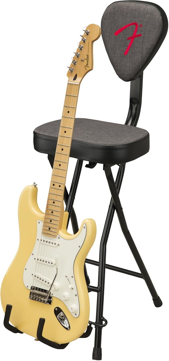 Fender 351 Sitz- und Gitarrenständer-Kombination, Zusammenklappbares Design, Abnehmbare Rückenlehne, Grauer Tweed-Stoff, rutschfeste Füße