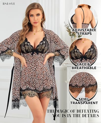Image of RSLOVE Women Sexy Lingerie Set 3 Piece Babydoll & Lace Kimono Robe Strap Chemise Sleepwear Mesh Nightgown
