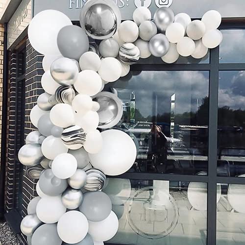 Unisun Balloon Arch Guirlande Kit 148 pcs, Ballons Blanc Gris Décoration Fête Agate 4D Argent Ballons pour Anniversaire, Mariage, Fiançailles, Baby Shower, Saint Valentin, Décorations Toile Fond