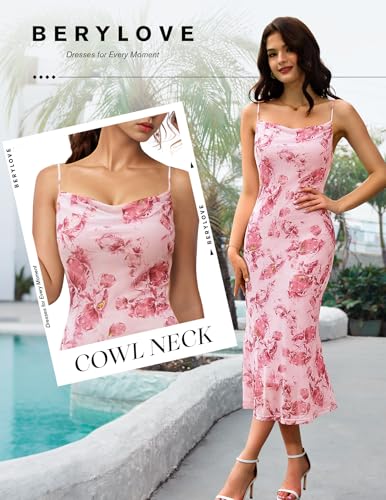 BeryLove Women Summer Floral Mesh Wedding Guest Cocktail Spaghetti Strap Dress3