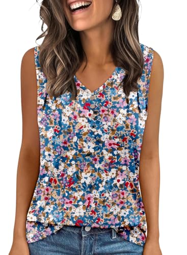 KISSMODA Tank Tops for Women Summer Casual Sleeveless Shirts Dressy Trendy V Neck Tunics Loose Notched Blouses S-3XL