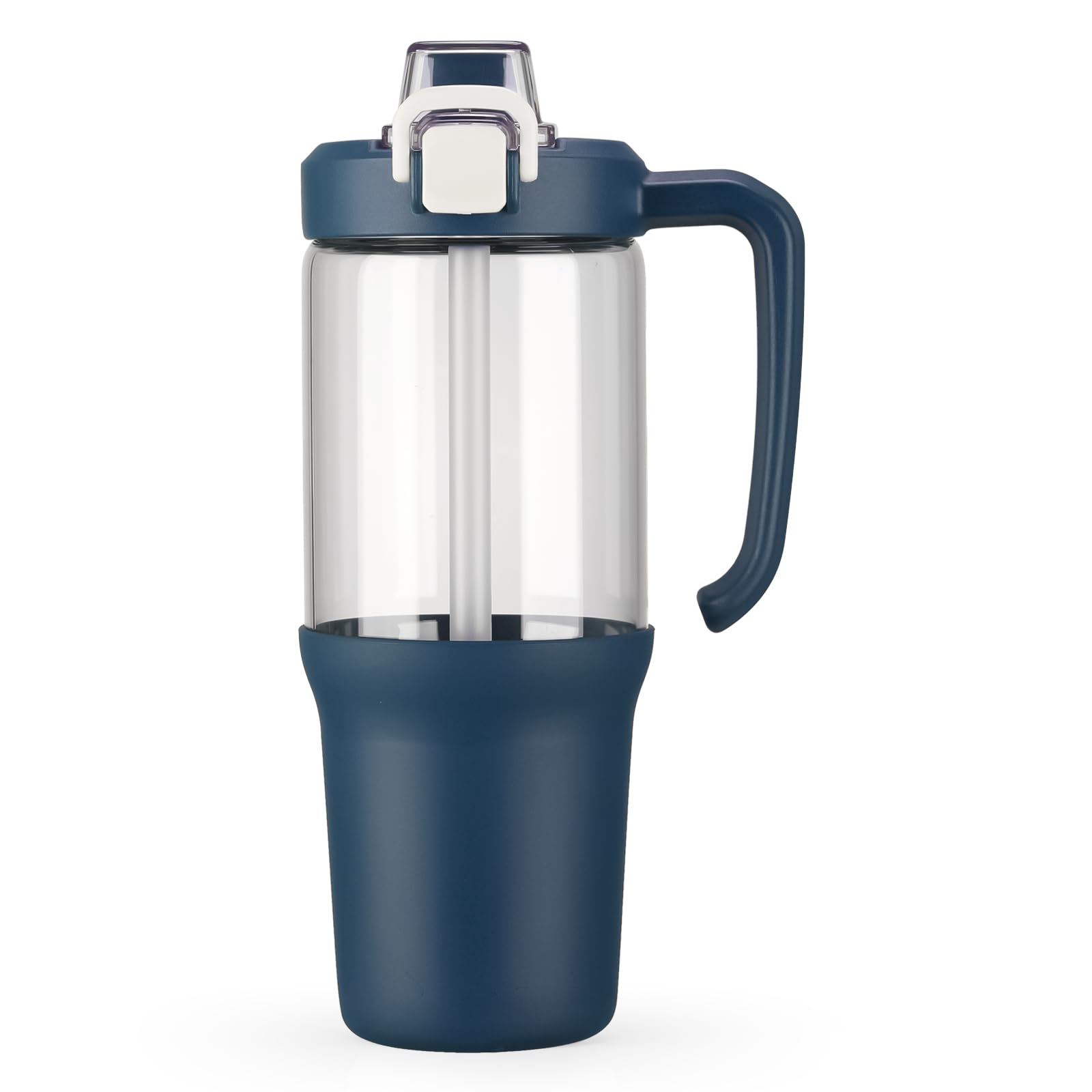 BLUEGO 1 Liter Wasserflasche mit Strohhalm und Griff, Becher aus Borosilikatglas mit Silikonhülle, Eiskaffeetasse für Smoothies, Auslaufsicher, BPA-frei, Dunkelblau