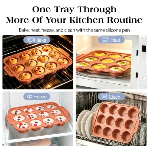 Image of Silicone Muffin Pans for Baking with Metal Reinforced Frame | Nonstick 12-Cup Regular Size Cupcake Tray for Egg Bites, Muffins & Cupcakes, Dishwasher Safe, Brick Orange, 1 Pc