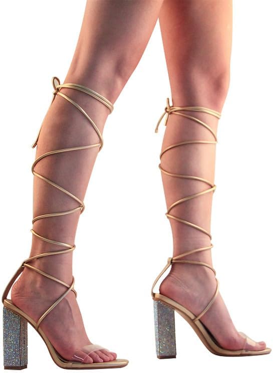Richealnana Women's Rhinestones Block Heel Lace Up Ankle Wrap Heeled Sandals - Image 3
