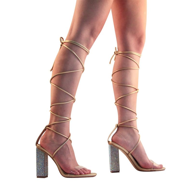 Richealnana Women's Rhinestones Block Heel Lace Up Ankle Wrap Heeled Sandals3