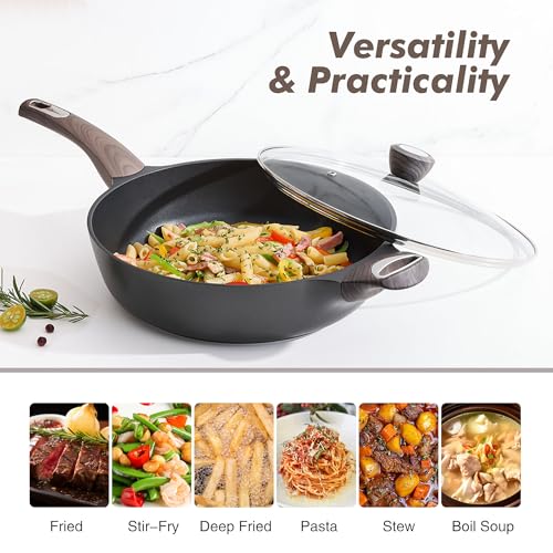 SENSARTE Nonstick Frying Pan Skillet with Lid, 10.5 Inch Deep Frying Pan, 3.8 Qt Non Stick Saute Pan with Cover, Induction Pan, Healthy Non Toxic Cooking Pan with Helper Handle, PFOA PFOS Free