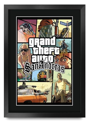 HWC Trading Grand Theft Auto San Andreas Cadeaux imprimés avec autographes signés pour les fans de jeux vidéo et les joueurs - A3 Encadré