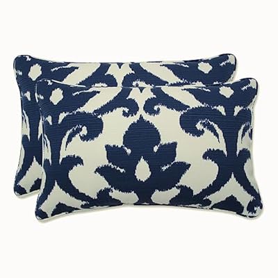 Pillow Perfect Damask Indoor/Outdoor Accent Throw Pillow, Plush Fill, Weather, and Fade Resistant, Lumbar - 11.5" x 18.5" , Blue/White Basalto, 2 Count