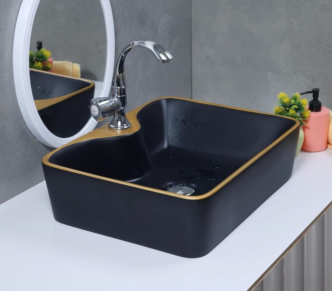 OSOSAM Imported Premium Black Ceramic Vessel Sink with Golden Tip (19x15x5 Inch) (B0CG3425RP) Amazon Price History, Amazon Price Tracker
