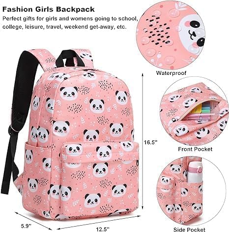 Image of Kids Panda Print Backpack, Pink, Cute Cartoon Theme, School Bag for Girls