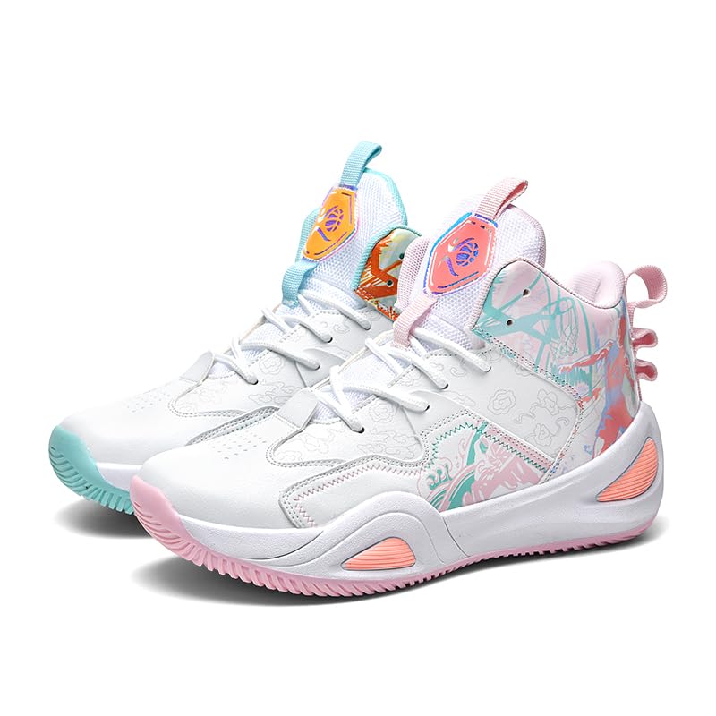 AQURIZE Womens Mens High-Top Basketball Shoes Breathable Lightweight Fashion Graffiti Athletic Sneakers Unisex Non Slip Outdoor Cushioning Training Sport Shoes (White+Pink?39)
