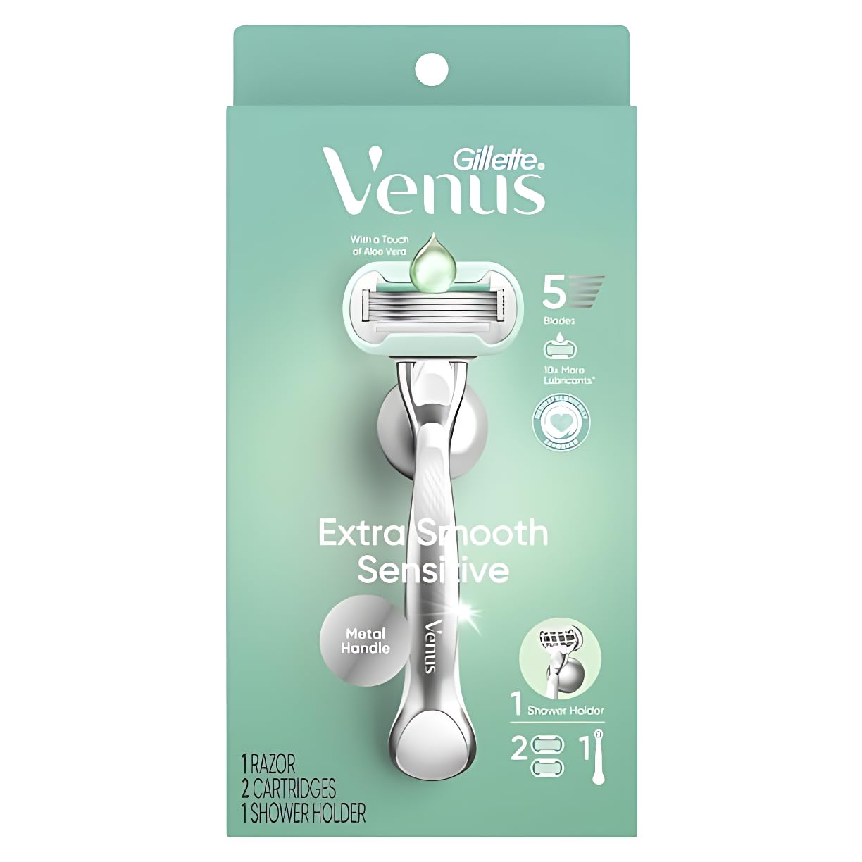 Smooth Sensitive Razor For Women, 5 Blades, Manual Razor, Handle + 2 Blade Refills, Silver, FOR SENSITIVE SKIN, 10X MORE LUBRICATION FOR PROTECTION