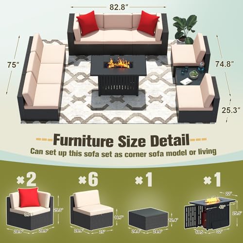 Image of Greesum Patio Furniture Sets 10-Pieces Outdoor PE Rattan Sectional Sofa w /43in Gas Fire Pit Table 55000 BTU Add Warmth to Gatherings Parties On Deck Garden Backyard,Beige
