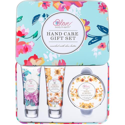 BODY & EARTH # LOVE Set de Regalo de Crema de Manos para Mujeres, Loción de Viaje, 2* Cremas de Manos 1*Crema Exfoliante Caja de Regalo Reparación y Humectación de Manos Secas para Navidad
