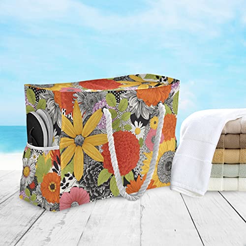 Orezi Large Zip Tote Beach Bag ,Oversize Sunflower Daisy Retro Tote Bag Shoulder Bag Weekender For Gym Beach Travel Pool Yoga Nurse Floral One Size #TOP5