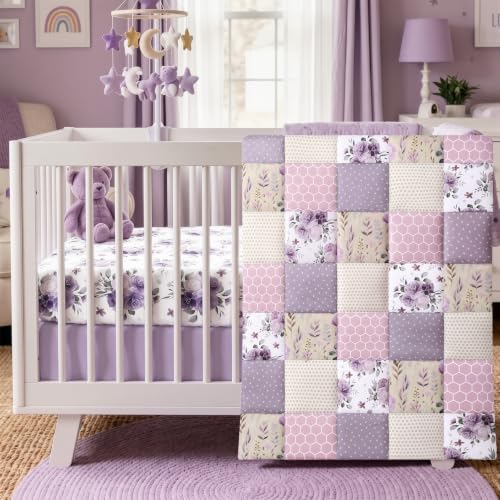 Image of Hahafelt 3 Pcs Purple Floral Patchwork Baby Crib Bedding Set for Baby Girl