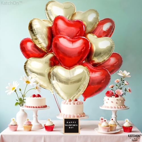 Image of KatchOn, Red and Gold Heart Balloons, 12 Pack, 18 Inch, Foil /Mylar, Helium Supported, Valentine's Day, Adult, Unisex, Love, Balloons