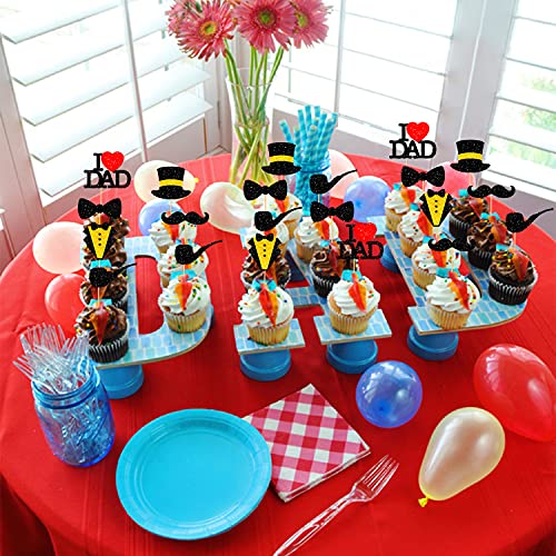 36Pcs Black Glitter Cute I Love Dad Cupcake Toppers, Bow-Tie, Mustache, Hat, Neck-Cloth Cake Picks Happy Father's Day Decorations Father's Birthday Party Favors Supplies #TOP5