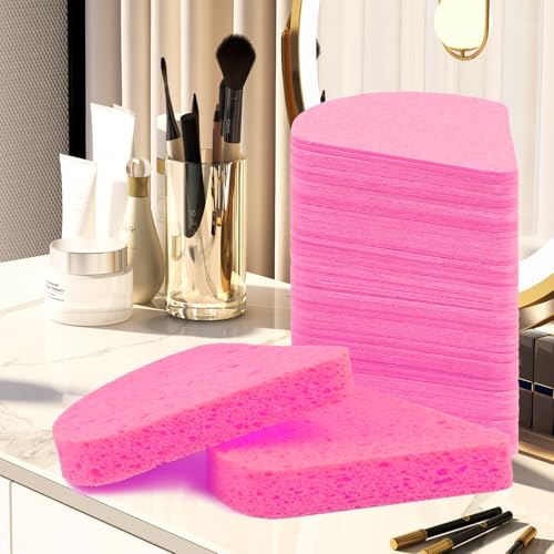 48 Count Compressed Face Sponges, Triangle Makeup Remover Pads for Gentle Cleansing & Exfoliating, Pink
