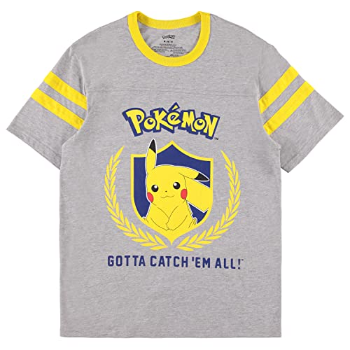 Ladies Pokemon Pikachu Game Shirt - Gotta Catch Em All - Ash Pikachu Charizard Pokeball Varsity Stripe Sleeve Athletic Tee (Heather, Small)