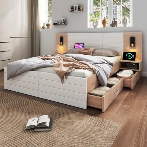 KOMHTOM Lit Moderne 2 Personnes, Blanc + Chêne avec 2 Tiroirs, Tête de Lit Lumière de Lecture USB, 2 Tables de Nuit, Cadre de lit (sans Matelas) (160 ×...