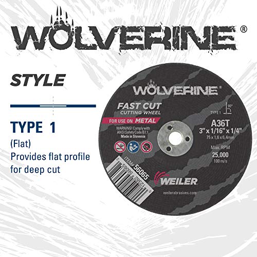Image of Weiler 56065 3-Inch Cutting Wheel, Wolverine AO Steel /Metal Fast Cut, Value Cutting, 1 /16 inch A36T Type 1 1 /4 inch Arbor (Pack of 100)