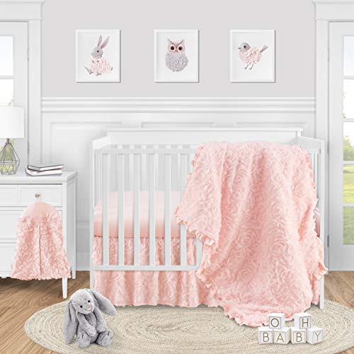 Image of Sweet Jojo Designs 4-Piece Baby Crib Bedding Set (Blush Pink Floral Rose) for Girls, Infants/Nursery incl. Blanket, Fitted Sheet, Skirt, Diaper Stacker (Elegant, Princess, Luxury, Glam, Ruffle Roses)