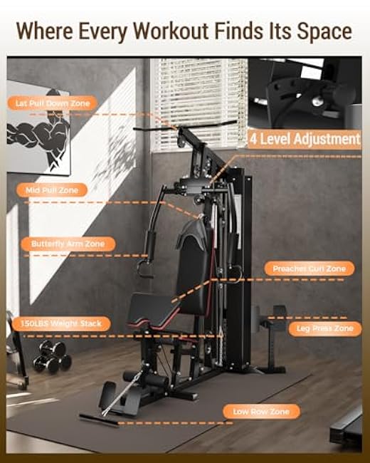 Multifunctional Home Gym Equipment - Full Body Workout Machine with 150LB Weight Stack, High/Low Pulley System, Leg Press & Butterfly Arms | Complete Strength Training Station for Home Use