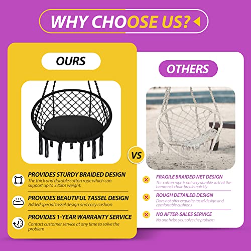 Patio Watcher Hammock Chair Hanging Macrame Swing With Cushion And Hardware Kits, Max 330 Lbs, Handmade Knitted Mesh Rope Swing Chair For Indoor, Outdoor, Bedroom, Patio, Yard, Deck, Garden, Black #TOP6