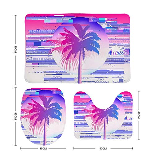 Kuizee Bath Rug Set 3 Piece ?Retrofuturistic Palm Tree Vaporwave Cyberpunk Neon Batroom Rugs Non-Slip Mat U-Shaped Contour Rug O-Shaped Toilet Lid Water Absorbent Cover Coral Velvet