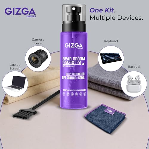 Image of Gizga Pro Series 3-in-1 Cleaning KIT - 150ml Cleaning Spray, Microfiber Cloth & Cleaning Brush| Safe Screen Cleaner for Laptop, PC, Smartphone, Tablet, DSLR Camera Lens, Binocular, Keyboard, Gadgets