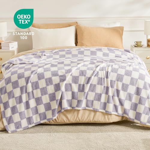 Image of EMME Checkered Blanket Twin Size - 60 inchx80 inch Lavender Knit Blanket Soft Fluffy Patterned Throw Blankets for Couch, Sofa, Chair, Bed, Camping, Picnic, Travel