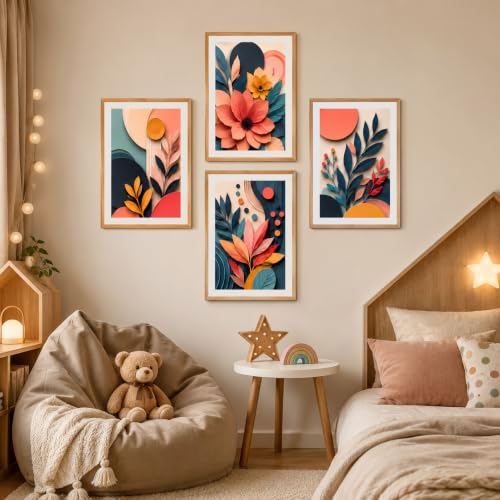 Image of Livin'luxe Set of 4 Abstract Botanical Floral Wall Paintings with Sparkle Laminate and Premium Wooden Synthetic Frame for Living Room Bedroom Office Decor (13.5 x 19.5 Inch)