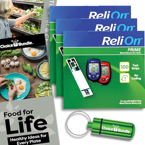 ReliOn Prime Blood Glucose Test Strips 100 Ct Reli On 3 Pk Choice Bundle (300 Total) + Food for Life & Portable Pill Holder (5 Items)!