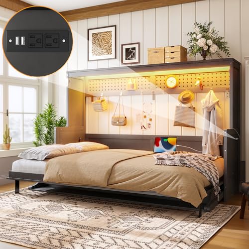 Image of KEIKI Full Size Horizontal Cabinet Murphy Bed with Desk & USB Charging Station, Foldable Hideaway Wall Bed Frame with Solid Slats, No Box Spring Needed, Easy Assembly, for Bedroom, Guest Room, Gray